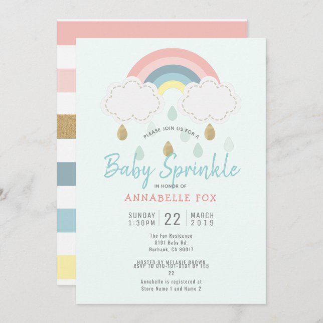 Invitation Pastel Rainbow Baby Sprinkle Douche (Devant / Derrière)
