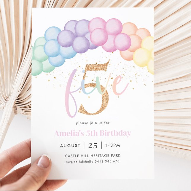 Invitation Pastel Rainbow Balloon Arch 5e fête d'anniversaire (Créateur téléchargé)