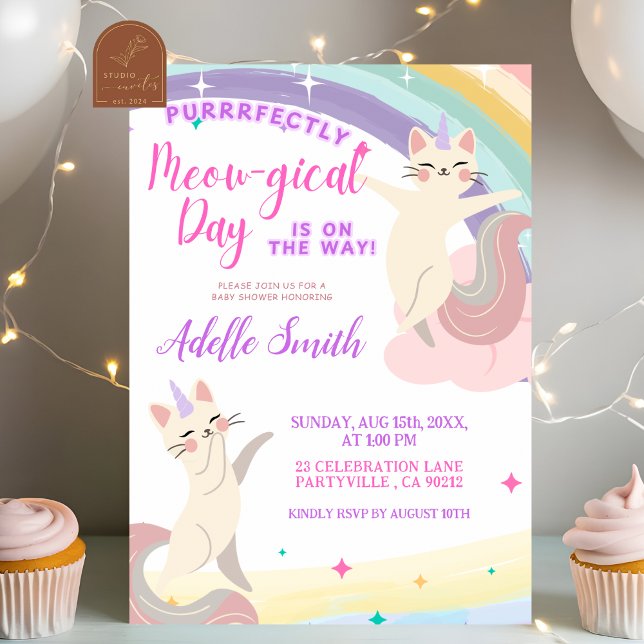 Invitation Pastel Rainbow Cat Unicorn Baby shower (Créateur téléchargé)