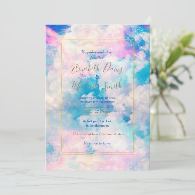 Invitation Pastel Rainbow Ciel nuageux (Debout devant)