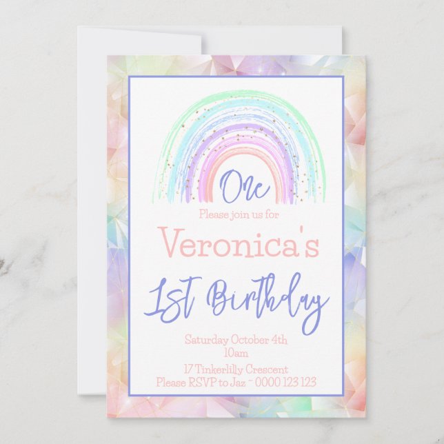 Invitation Pastel Rainbow Girl 1er anniversaire Frontière géo (Devant)