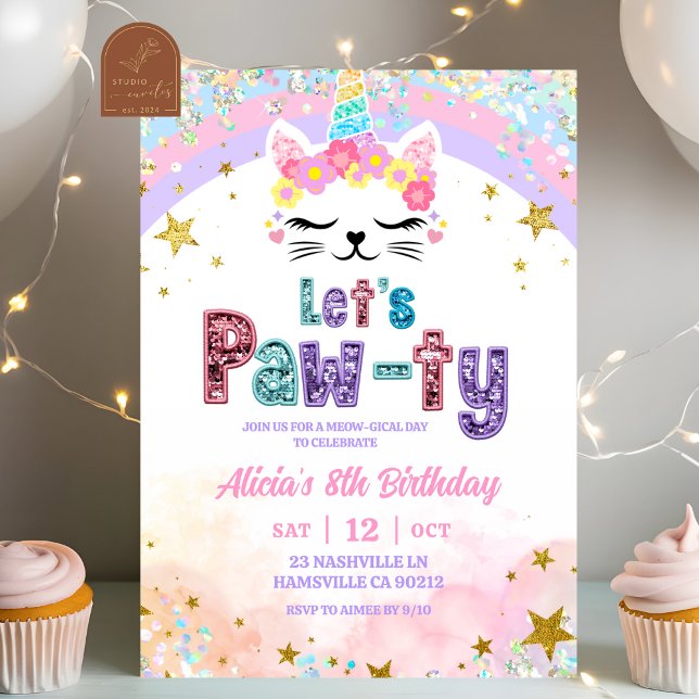 Invitation Pastel Rainbow Magical Caticorn Birthday (Créateur téléchargé)