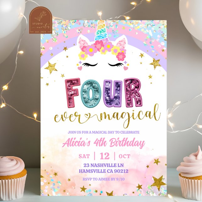 Invitation Pastel Rainbow Magical Unicorn 4th Birthday (Créateur téléchargé)