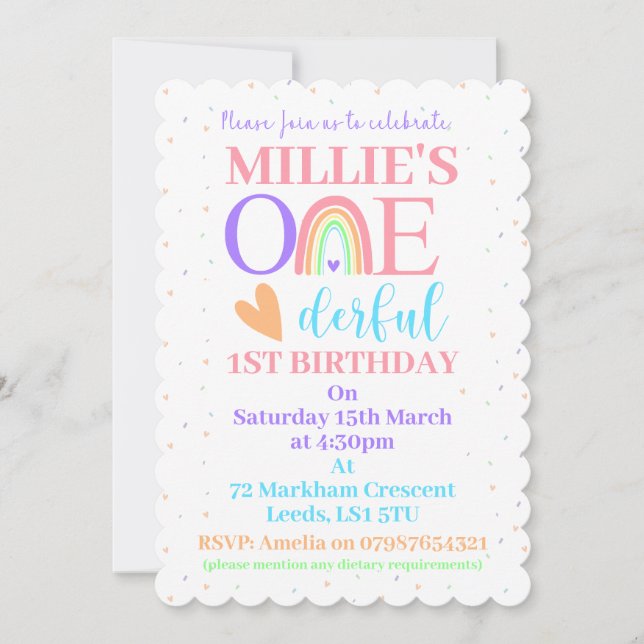 Invitation Pastel Rainbow ONE derful 1er anniversaire Invitat (Devant)