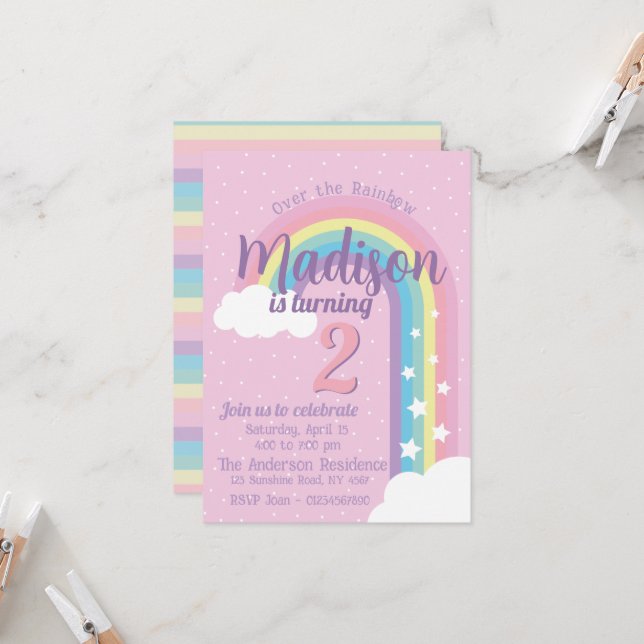 Invitation Pastel Rainbow Pink (Devant/Arrière en situation)