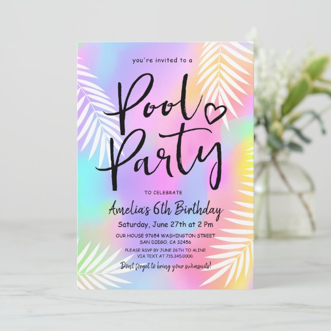 Invitation Pastel Rainbow Piscine Anniversaire (Debout devant)