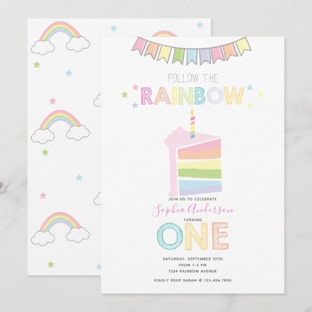 Invitation Pastel Rainbow Première fête d'anniversaire (Devant / Derrière)