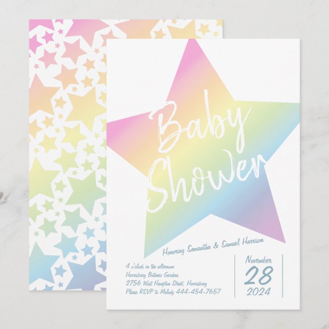 Invitation Pastel Rainbow Stars Baby shower Simple Moderne (Devant / Derrière)