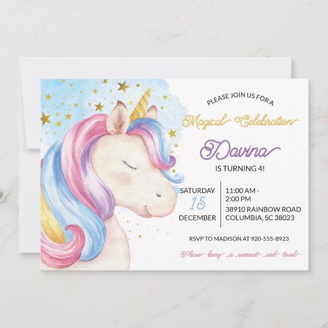 Invitation Pastel Rainbow Unicorn Anniversaire (Devant)