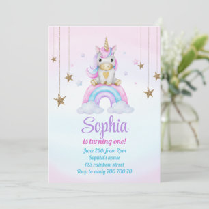Invitation Pastel Rainbow Unicorn Étincelle 1er Anniversaire