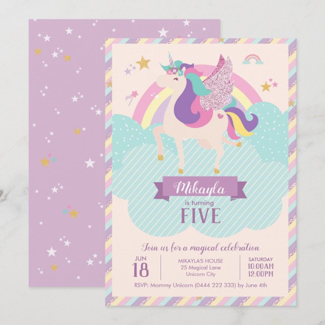 Invitation Pastel Rainbow Unicorn Magique Anniversaire mignon (Devant / Derrière)