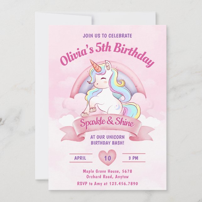 Invitation Pastel Rainbow Unicorn Magique fête d'anniversaire (Devant)