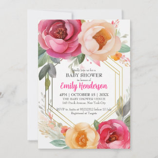 Invitation Pastel Ranunculus Baby shower Floral Gold Frame