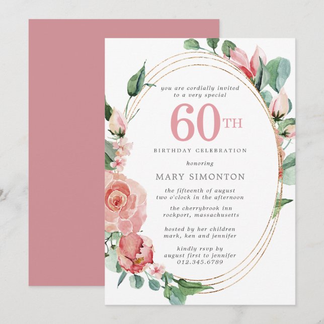 Invitation Pastel Red Rose Floral 60e fête d'anniversaire (Devant / Derrière)