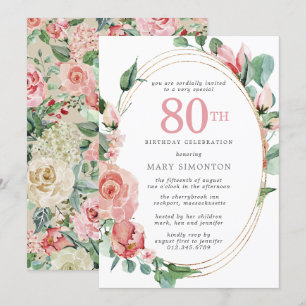 Invitation Pastel Red Rose Floral 80e fête d'anniversaire