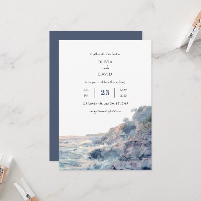 Invitation Pastel Rocky Shoreline Sunrise Art Beach Mariage (Devant/Arrière en situation)