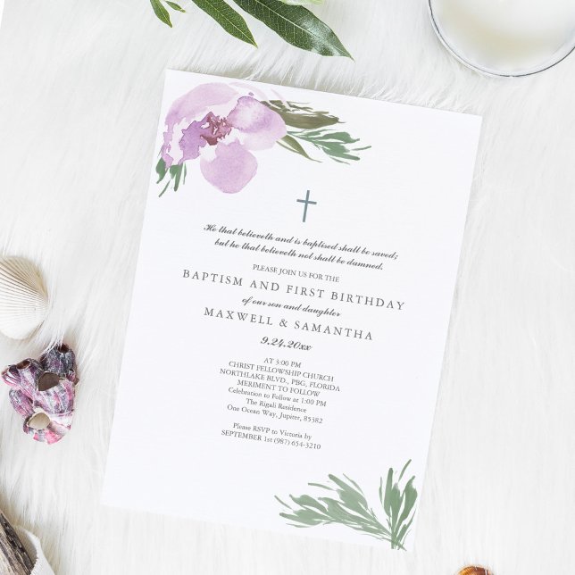 Invitation Pastel Rose Aquarelle Florals Twins Baptême (Créateur téléchargé)