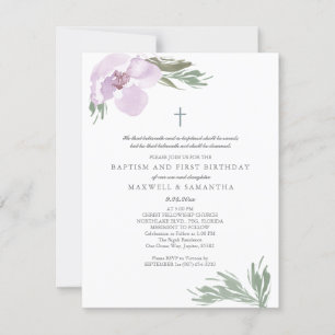 Invitation Pastel Rose Aquarelle Florals Twins Baptême