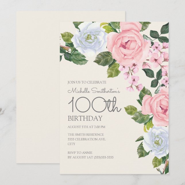 Invitation Pastel Rose Blanc Floral Femme 100e anniversaire (Devant / Derrière)