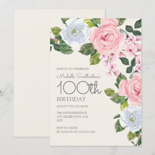 Invitation Pastel Rose Blanc Floral Femme 100e anniversaire