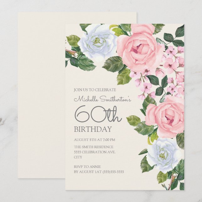 Invitation Pastel rose blanc floral femme 60e anniversaire (Devant / Derrière)