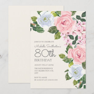 Invitation Pastel Rose Blanc Floral Femme 80e anniversaire