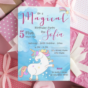 Invitation Pastel rose bleu Magique Unicorn Thématique Annive