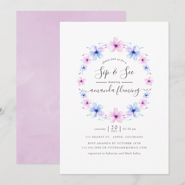 Invitation Pastel rose et bleu floral Sip et voir (Devant / Derrière)