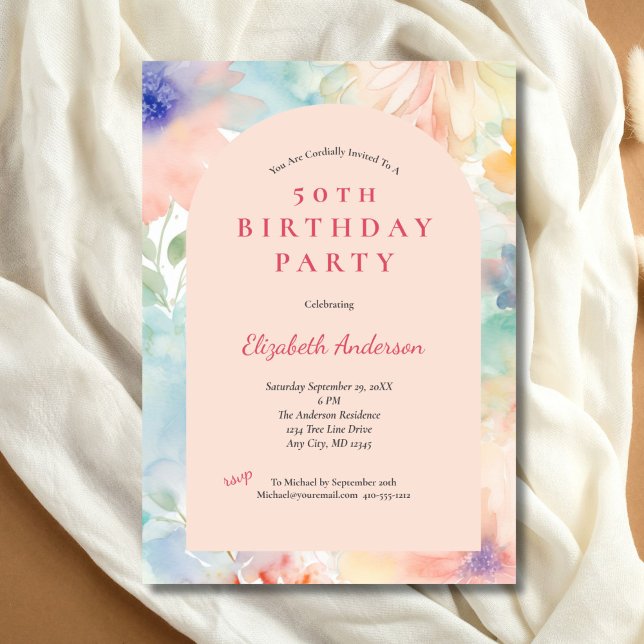 Invitation Pastel Rose Floral Arc Moderne 50e Anniversaire El (Pastel Pink Floral Elegant 50th Birthday party invitation for he. Printed or Digital Download)