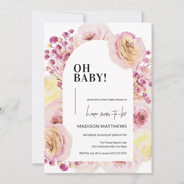 Invitation Pastel rose jaune floral Baby shower bébé fille (Devant)
