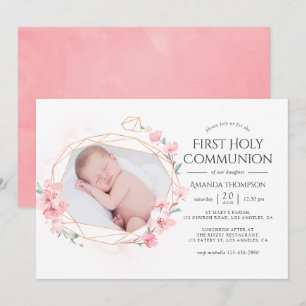 Invitation Pastel rose poudré géométrique floral communion so