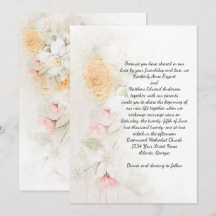 Invitation Pastel Roses jaunes et roses Mariage vert