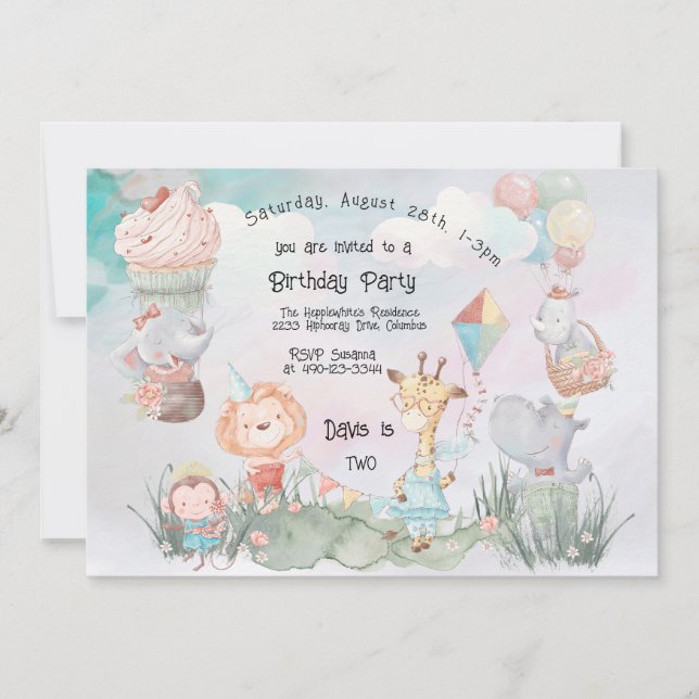 Invitation Pastel Safari Animaux Personnalisés Anniversaire (Devant)