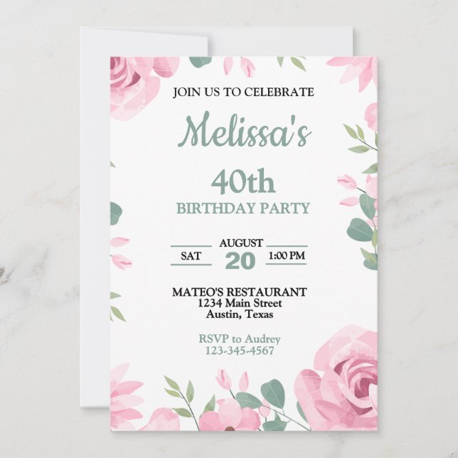 Invitation Pastel Sage Vert avec rose roses fête d'anniversai (Devant)