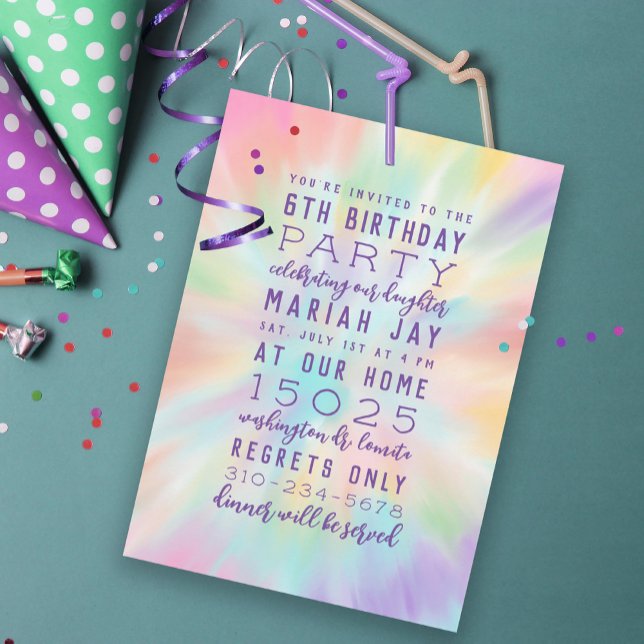 Invitation Pastel Tie Dye Colorée Fête d'anniversaire (Créateur téléchargé)