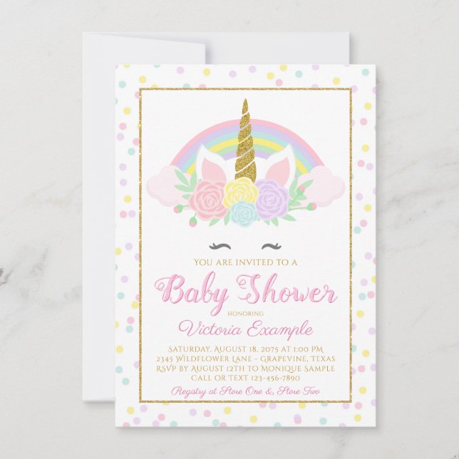 Invitation Pastel Unicorn Face arc-en-ciel Baby shower Invita (Devant)
