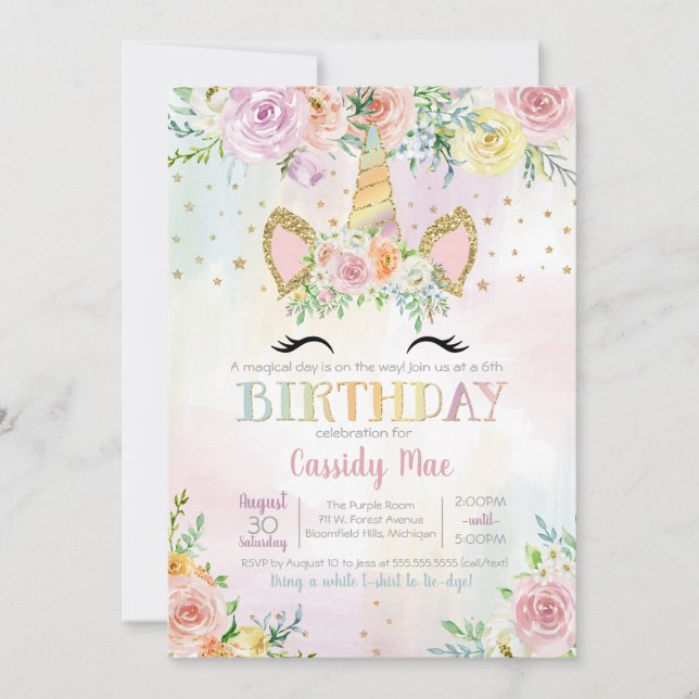 Invitation Pastel Unicorn Floral Enfants Anniversaire (Devant)