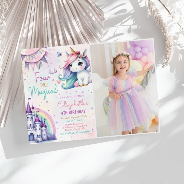 Invitation Pastel Unicorn Four Ever Magique Anniversaire Phot (Créateur téléchargé)