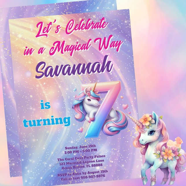 Invitation Pastel Unicorn Magique 7e fête d'anniversaire (Magical Unicorn Birthday Party Invitation)