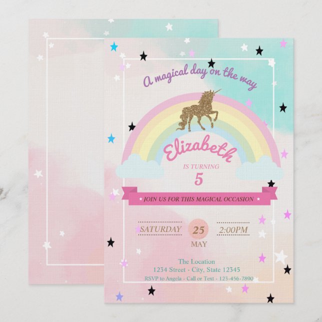 Invitation Pastel, Unicorn, Rainbow Stars Anniversaire Invita (Devant / Derrière)