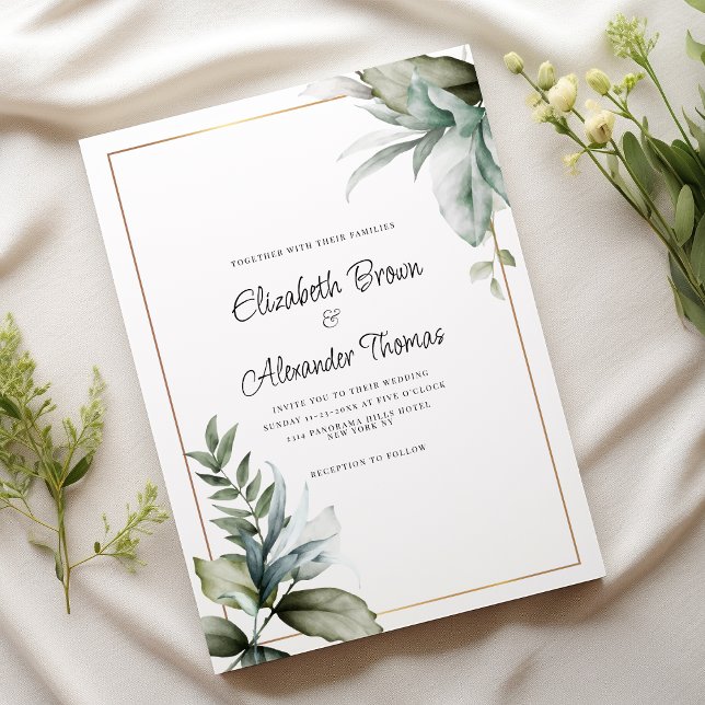 Invitation Pastel vert or beau feuille mariage à fleurs (Pastel green gold beautiful leaves floral wedding)