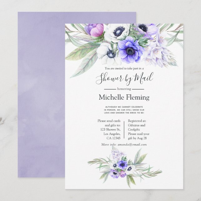 Invitation Pastel Violet Floral Bébé ou Fête des mariées par  (Devant / Derrière)