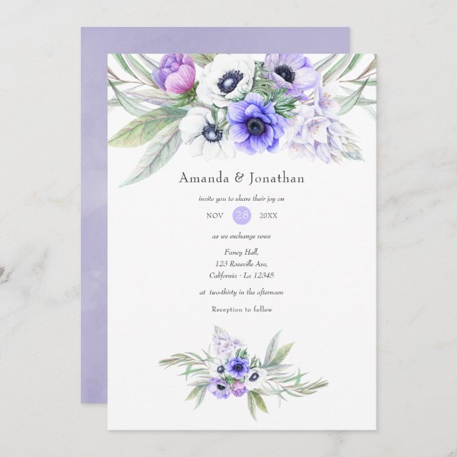 Invitation Pastel Violet Floral Mariage (Devant / Derrière)