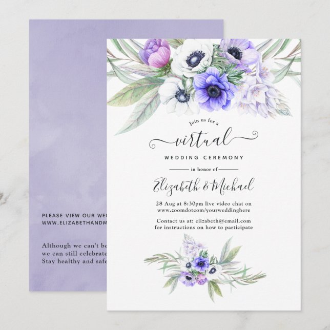 Invitation Pastel Violet Floral Mariage virtuel en ligne (Devant / Derrière)