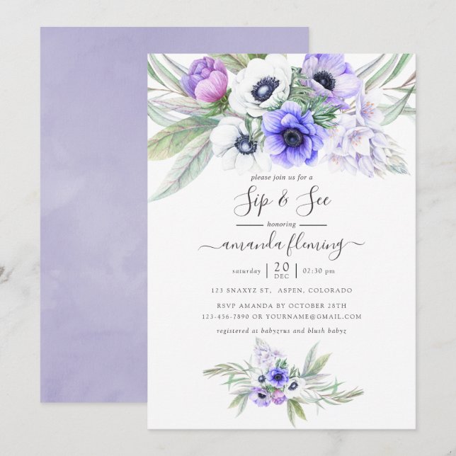 Invitation Pastel Violet Floral Sip et voir (Devant / Derrière)
