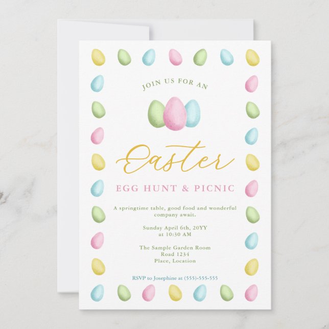 Invitation Pastel Watercolor Easter Eggs Easter Picnic (Devant)