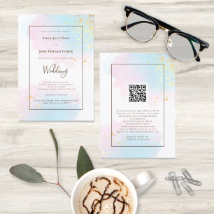 Invitation Pastel Watercolor Gold Splashes QR Code Mariage