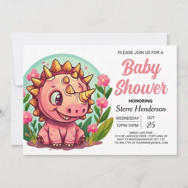 Invitation Pastel Whimsical Dinosaur Baby shower fille (Devant)
