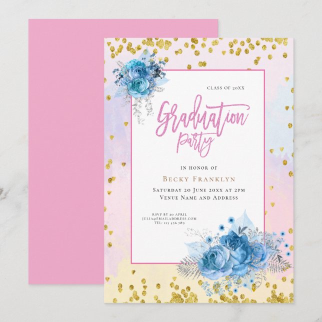 Invitation Pastels doux/floral/Confetti/Graduation (Devant / Derrière)