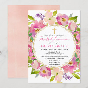Invitation Pastels floral rose vif Première sainte communion